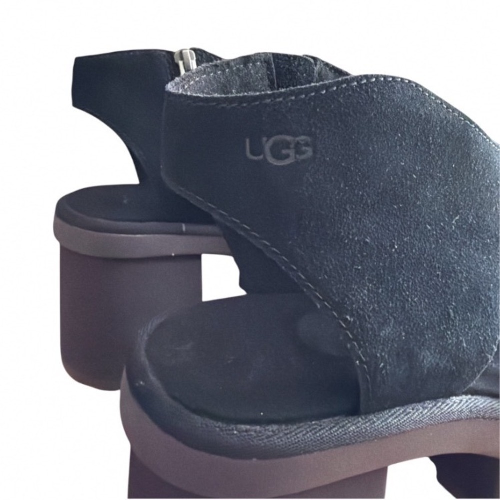 UGG Platform Sandals Womens Black Suede Chunky Block Heel Zip Up Open Toe 10 New - Picture 6 of 11
